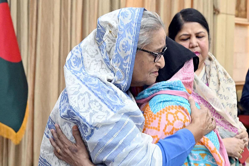 Prime Minister Sheikh Hasina on 28 July 2024 meets the family members of the persons killed in violence that broke out centering the quota reform movement